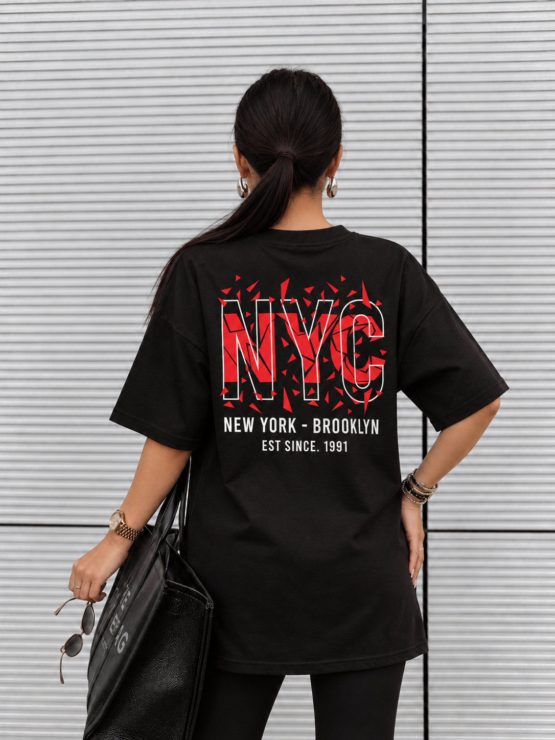 Tricou Dama NYC Brooklyn Negru - Oversize Fit