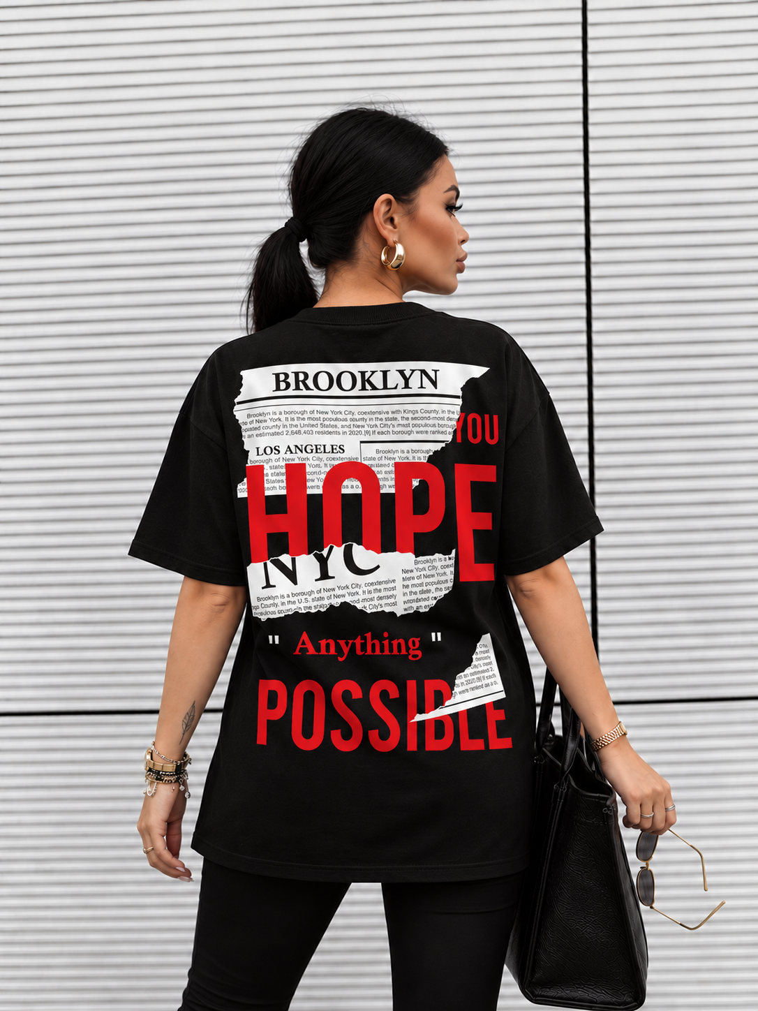 Tricou Dama Brooklyn Hope Negru - Oversize Fit