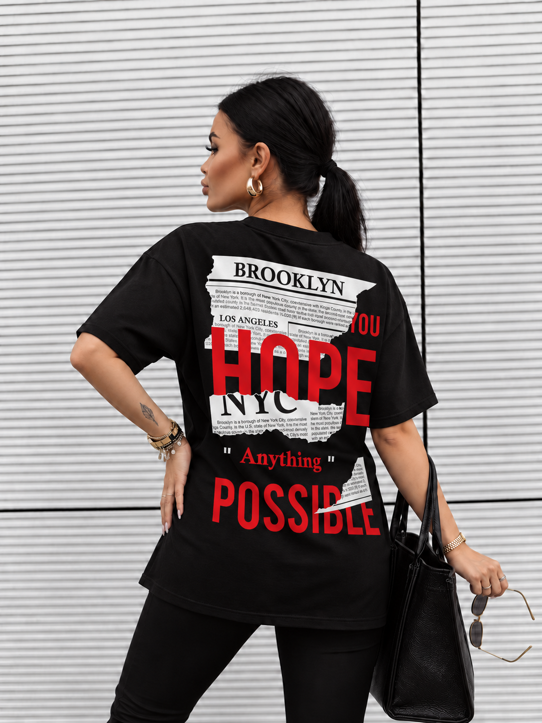 Tricou Dama Brooklyn Hope Negru - Oversize Fit