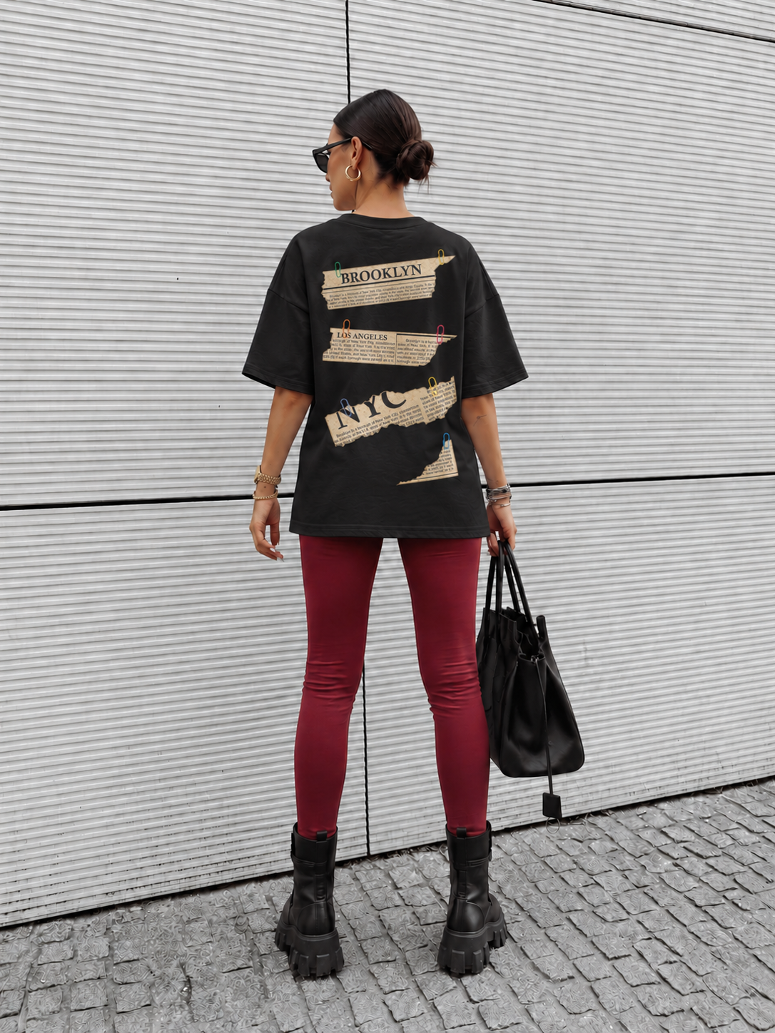 Tricou Dama Brooklyn Newspaper Negru - Oversize Fit