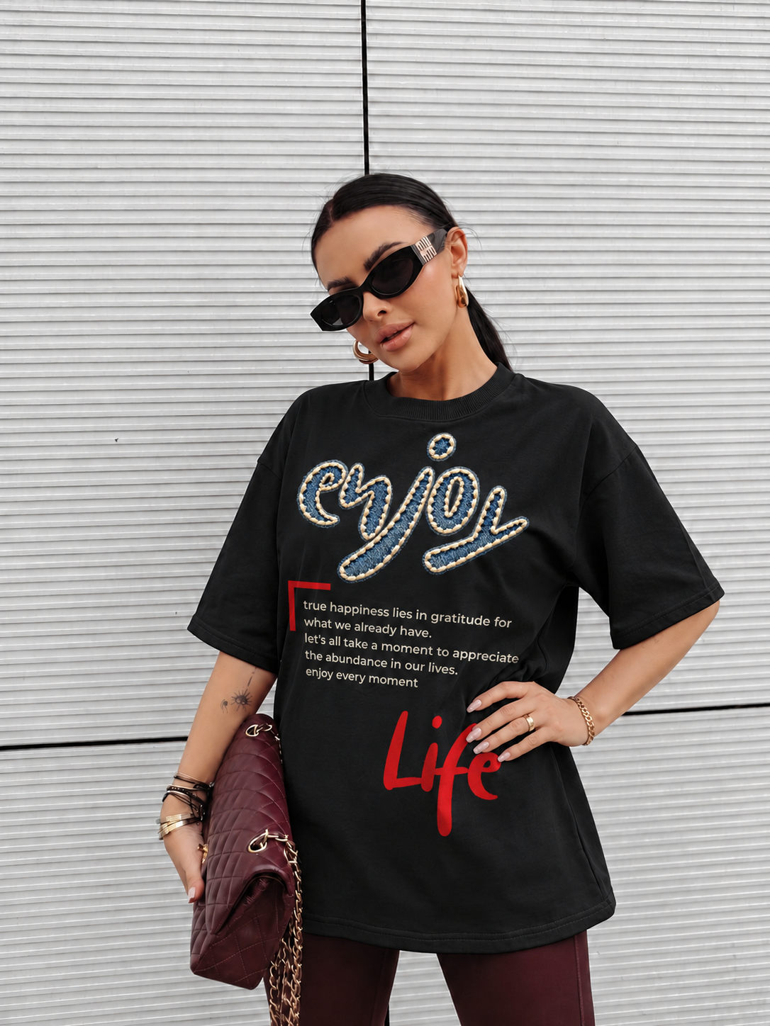 Tricou Dama Enjoy Life Negru - Oversize Fit