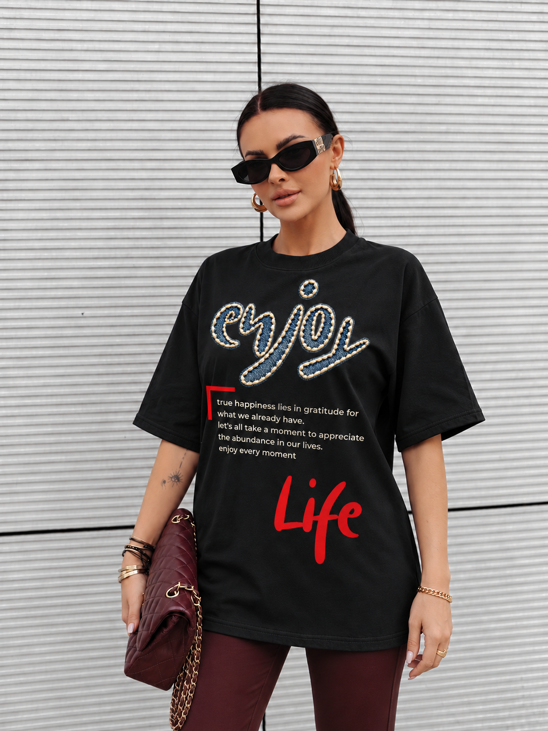 Tricou Dama Enjoy Life Negru - Oversize Fit