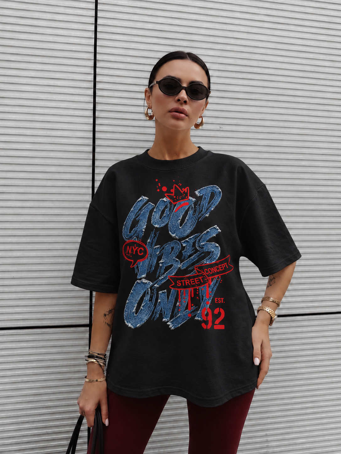 Tricou Dama Good Vibes Only Negru - Oversize Fit